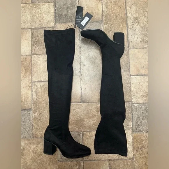 Vero Moda Black Over The Knee Boots Block Heel Stretch Thigh High Boots Women - Picture 4 of 9